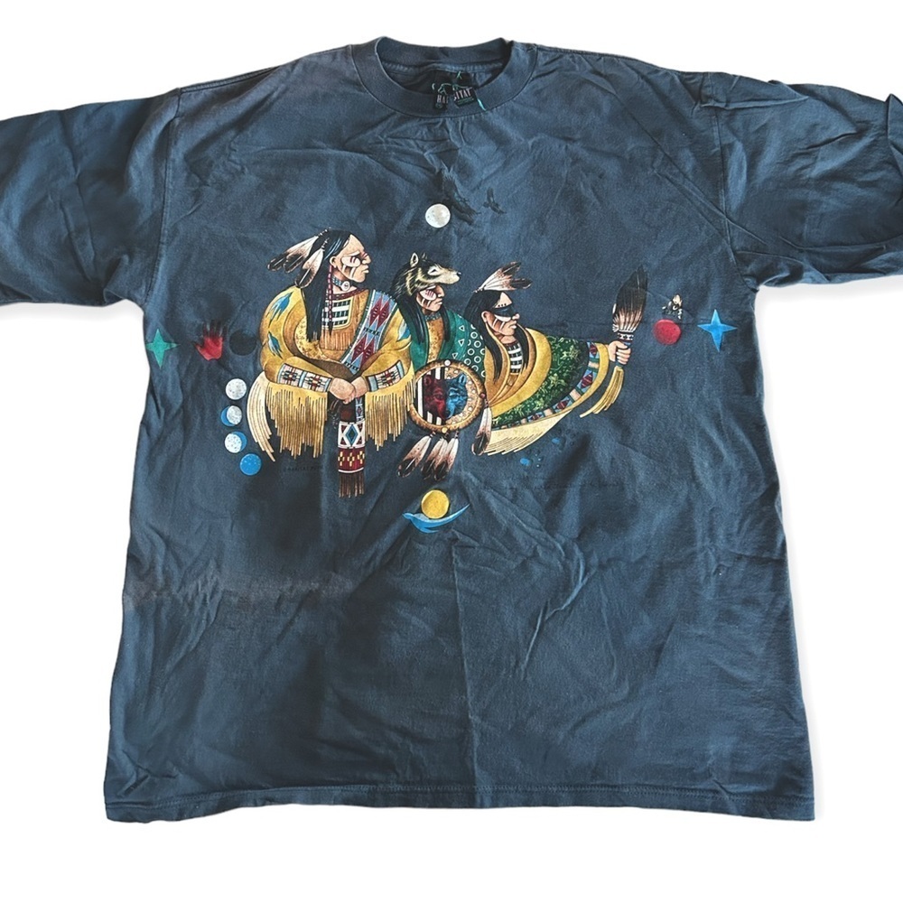 HABITAT Vtg 1997 Native American Wolf Warriors AOP Single Stitch Cotton Tee XXL